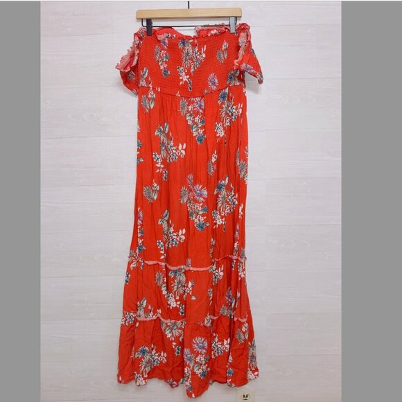 Xhilaration Orange Floral Print Short Sleeve Smocked Button Front Midi Dress - Picture 6 of 6